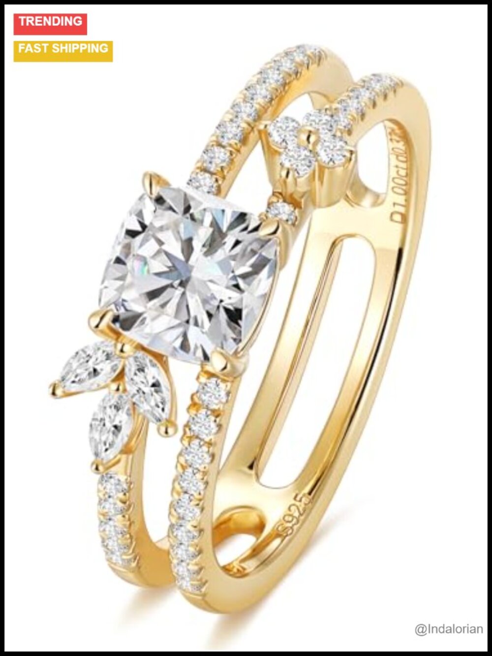 Moissanite Cushion Cut Cluster Ring 925 Sterling Silver Yellow Gold Plated Size